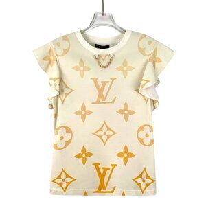 Louis Vuitton Beige Monogram Print Round-Neck Lace Sleeve Cotton T-Shirt S Made